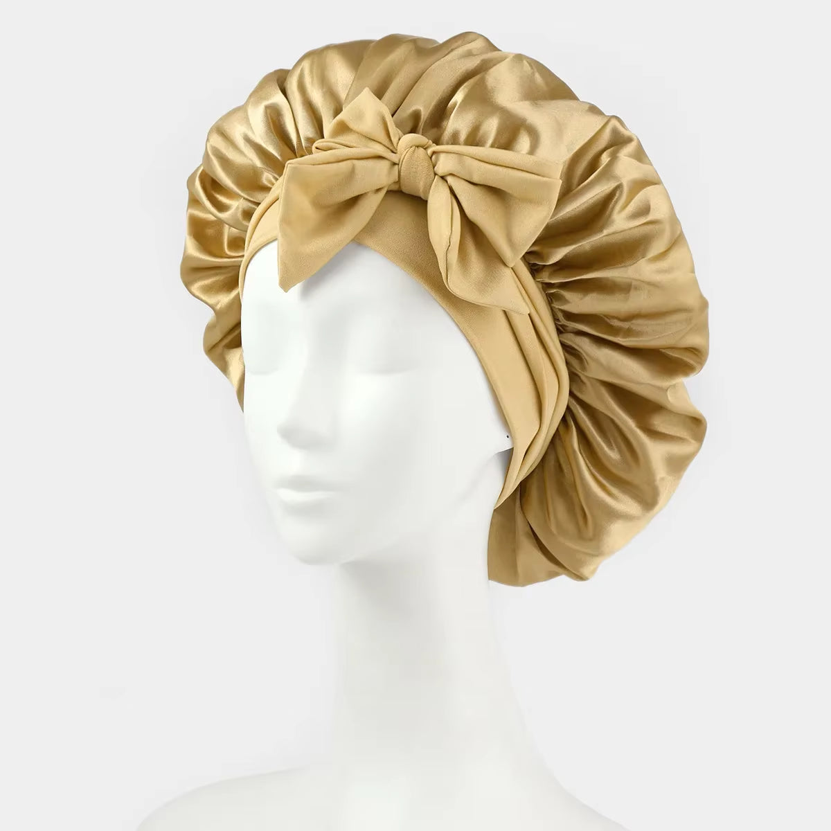 Women Bow Satin Sleeping Hat with Stretchy Tie Band Elastic Night Shower Cap Adjustable Solid Hair Head Cover Bonnet Turban