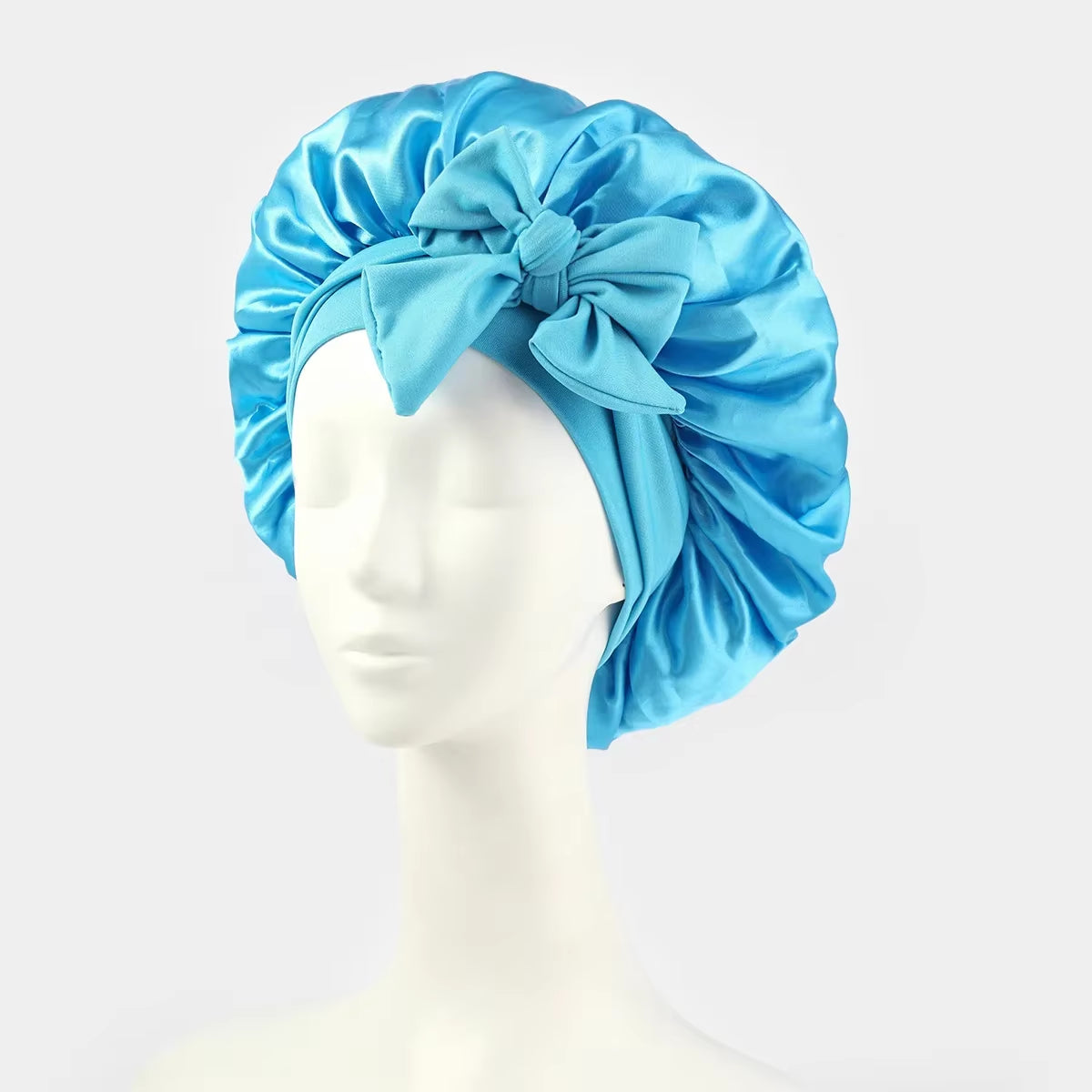 Women Bow Satin Sleeping Hat with Stretchy Tie Band Elastic Night Shower Cap Adjustable Solid Hair Head Cover Bonnet Turban