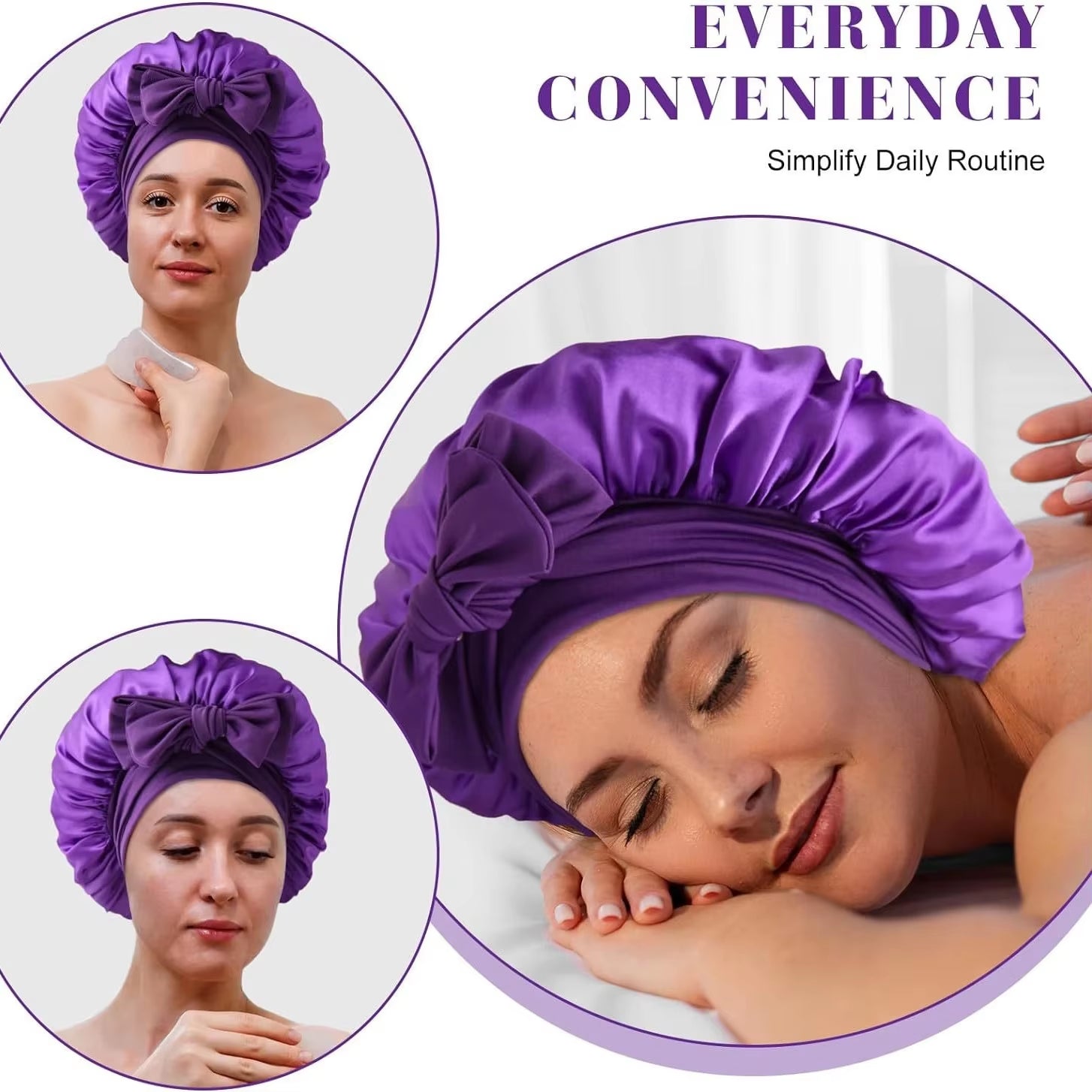 Women Bow Satin Sleeping Hat with Stretchy Tie Band Elastic Night Shower Cap Adjustable Solid Hair Head Cover Bonnet Turban