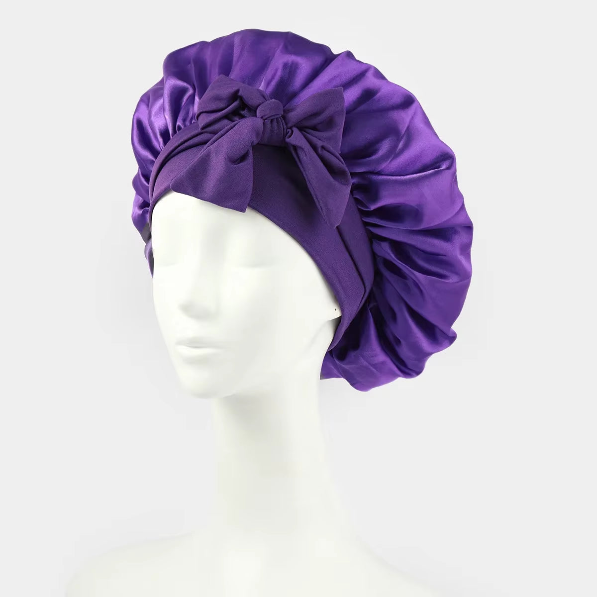 Women Bow Satin Sleeping Hat with Stretchy Tie Band Elastic Night Shower Cap Adjustable Solid Hair Head Cover Bonnet Turban