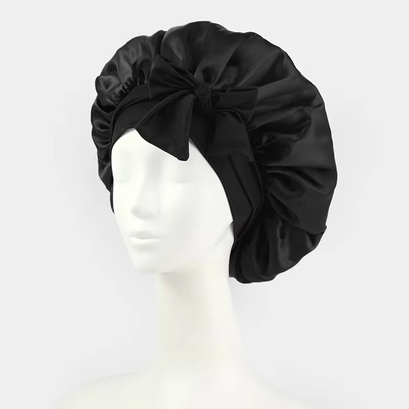 Women Bow Satin Sleeping Hat with Stretchy Tie Band Elastic Night Shower Cap Adjustable Solid Hair Head Cover Bonnet Turban