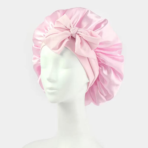 Women Bow Satin Sleeping Hat with Stretchy Tie Band Elastic Night Shower Cap Adjustable Solid Hair Head Cover Bonnet Turban