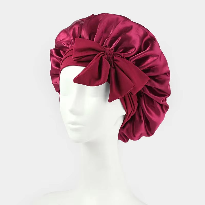Women Bow Satin Sleeping Hat with Stretchy Tie Band Elastic Night Shower Cap Adjustable Solid Hair Head Cover Bonnet Turban
