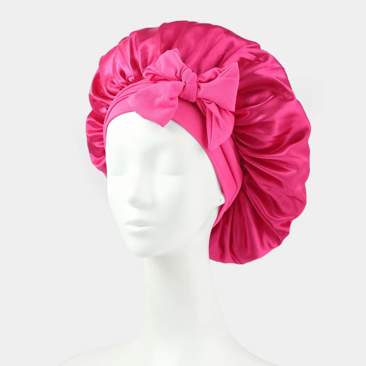 Women Bow Satin Sleeping Hat with Stretchy Tie Band Elastic Night Shower Cap Adjustable Solid Hair Head Cover Bonnet Turban
